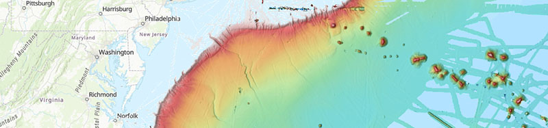NCEI's composite multibeam hillshade mosaic shows the depth gradient of the seafloor off of the Mid-Atlantic region of the United States.
