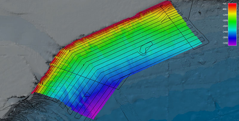 Mapping teams create a composite map that shows the depth of the seafloor and the track lines from the ship after each expedition.