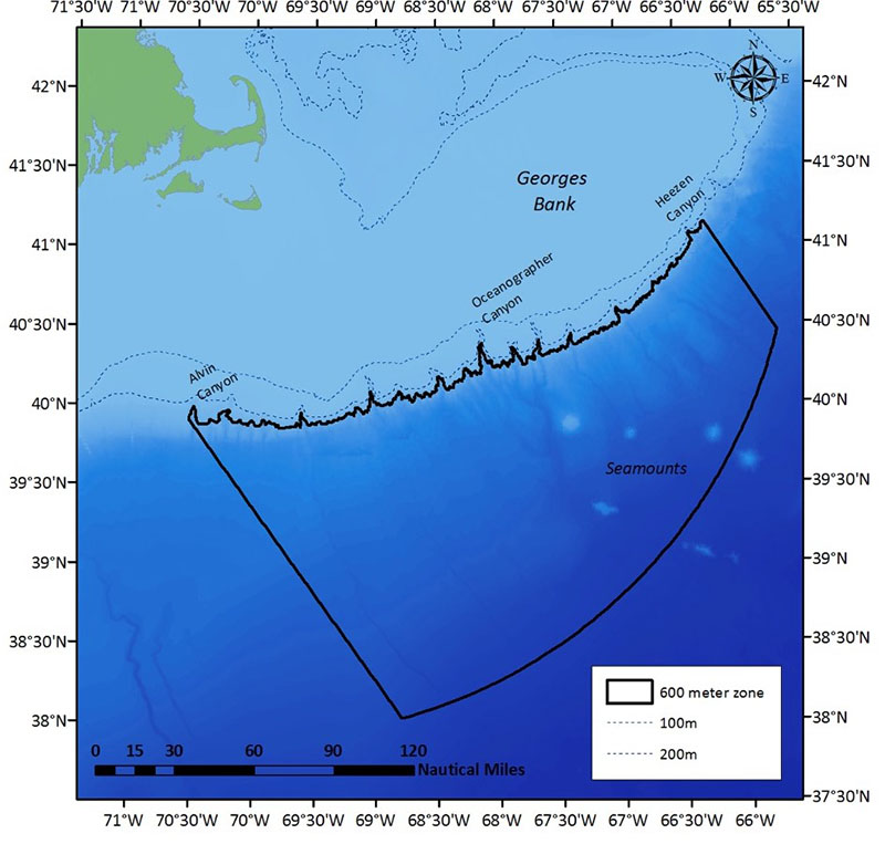 The NEFMC approved 600 meter minimum depth broad zone to protect deep-sea corals south of Georges Bank, which extends out to the 200 mile U.S. E.E.Z. limit. Four seamounts and 20 submarine canyons are protected within the zone. Oceanographer, as well as Gilbert and Lydonia Canyons and the seamounts are also within the Northeast Canyons and Seamounts Marine National Monument. Alvin Canyon is roughly the boundary between the NEFMC and MAFMC regions. Heezen Canyon is near the Canadian border. The Gulf of Maine deep-sea coral management areas are not shown. 