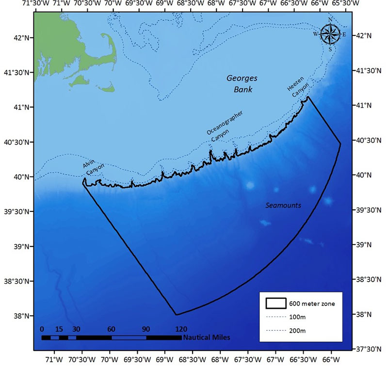 The NEFMC approved 600 meter minimum depth broad zone to protect deep-sea corals south of Georges Bank, which extends out to the 200 mile U.S. E.E.Z. limit. Four seamounts and 20 submarine canyons are protected within the zone. Oceanographer, as well as Gilbert and Lydonia Canyons and the seamounts are also within the Northeast Canyons and Seamounts Marine National Monument. Alvin Canyon is roughly the boundary between the NEFMC and MAFMC regions. Heezen Canyon is near the Canadian border. The Gulf of Maine deep-sea coral management areas are not shown.