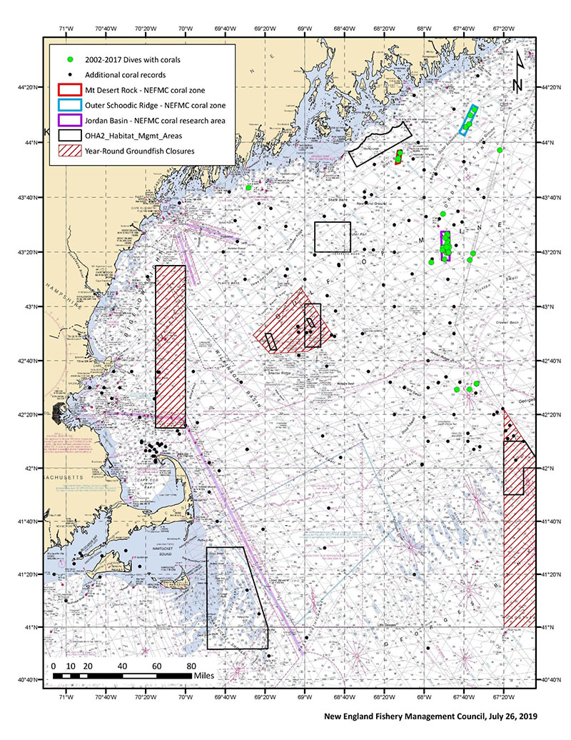 Locations of deep-sea coral management areas, coral location records, and fishery management areas in the Gulf of Maine. Floating wind farms are being considered in this region, and understanding coral occurrence and distribution while avoiding those habitats during spatial planning for wind energy will be very important in the future.