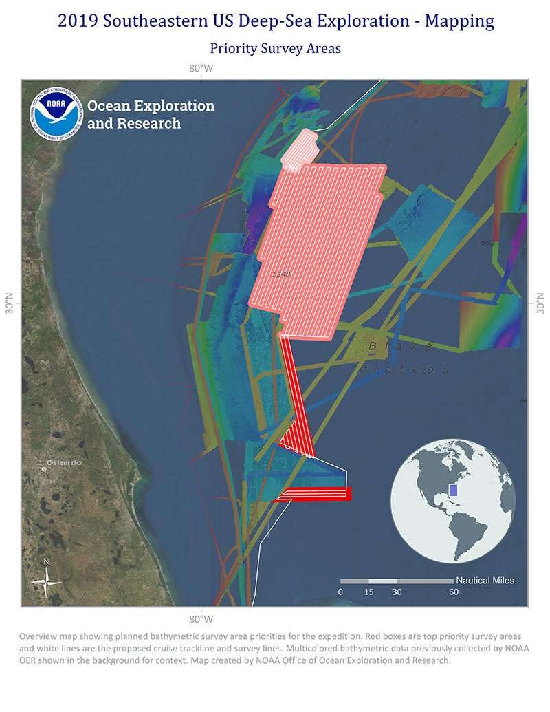 Map showing the priority ocean exploration mapping areas for the Leg 1 cruise.  The red polygons indicate priority mapping areas, and the white lines show the proposed cruise track the ship will follow in order to map these areas. Multibeam bathymetry data previously collected by NOAA OER are shown in the background for context. 