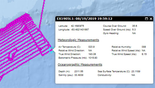 Near real-time data are sent to shore and publically accessible via the Okeanos Atlas, like this ship track observation from EX-19-05 Leg 1.