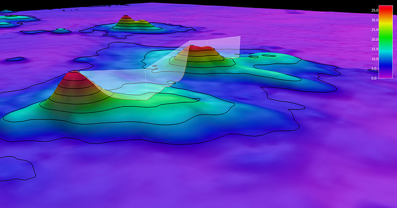 The remotely operated vehicle track for Dive 06 of the 2019 Southeastern U.S. Deep-sea Exploration, shown as an orange line with a white curtain. This mapping data was collected during the first part of the expedition. Legend shows water depth in meters. 