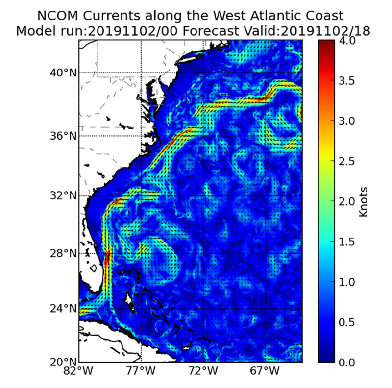 The Gulf Stream direction and magnitude is modeled by the U.S. Navy Coastal Ocean Model (NCOM), which is a high resolution model that offers ocean current data at a 2 nautical mile (2.3 mile) resolution every 24 hours. The navigator, dive supervisor, and ship operators use this model output to very roughly estimate expected currents at each dive site. Image courtesy of NOAA Ocean Prediction Center.