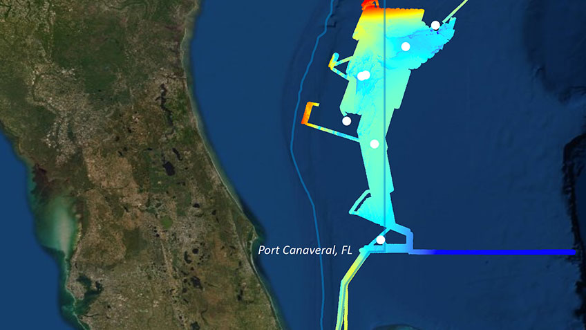 Map of the data collected and the ROV dive sites explored during the 2019 Southeastern U.S. Deep-sea Exploration.