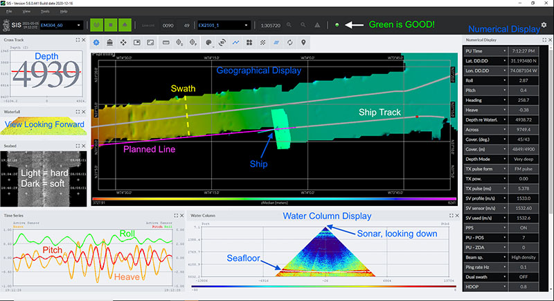 Screenshot of SIS5, the multibeam data acquisition software, while NOAA Ship Okeanos Explorer was underway and collecting data with the new multibeam system during the 2021 EM 304 Sea Acceptance Testing and Mapping Shakedown expedition.