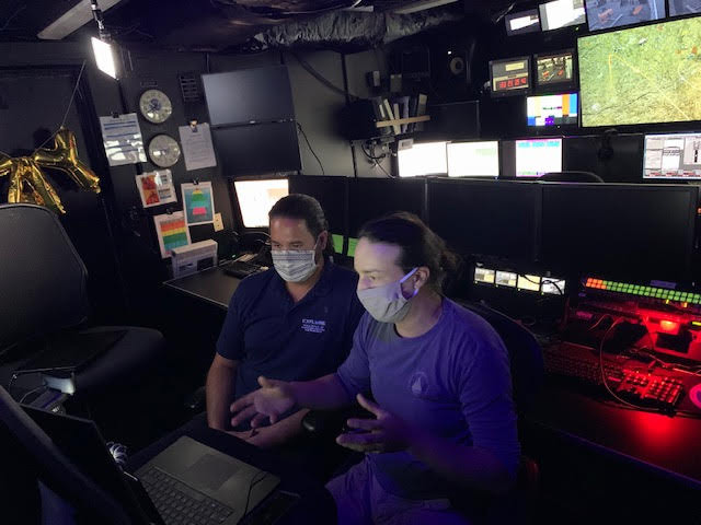 Mike (left) and Casey (right) in the control room on NOAA Ship Okeanos Explorer during the live-streamed event with WIRED Games