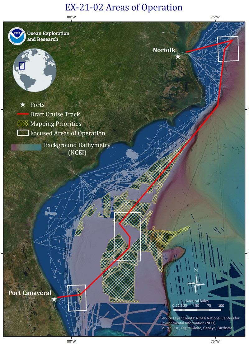 Map showing the general operating area for NOAA Ocean Exploration’s 2021 Technology Demonstration.