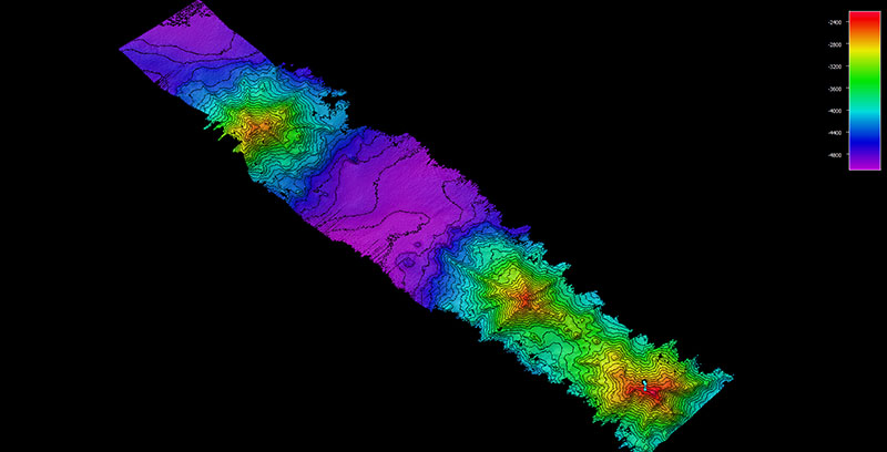The multibeam data displayed in this image was collected and processed by the NOAA Ocean Exploration mapping team just hours before Dive 01 of the 2021 North Atlantic Stepping Stones expedition took place — allowing the expedition team to select a productive dive site.