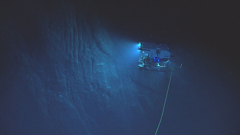 Remotely operated vehicle Deep Discoverer images the impressive wall feature explored during Dive 10 of the 2021 North Atlantic Stepping Stones expedition. Along the wall, scar marks were visible that geologists think may have been caused by a mix of water and sediment cascading downslope, creating abraded channels.
