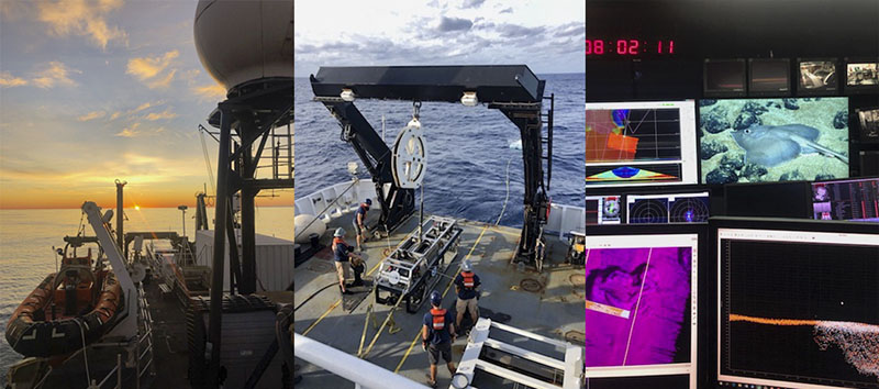 A compilation of images from Marcel’s time on NOAA Ship Okeanos Explorer, including a view of the sunrise from the back deck of the ship, the launch of remotely operated vehicle (ROV) Seirios, and the control room on the ship where mapping and ROV operations take place. 