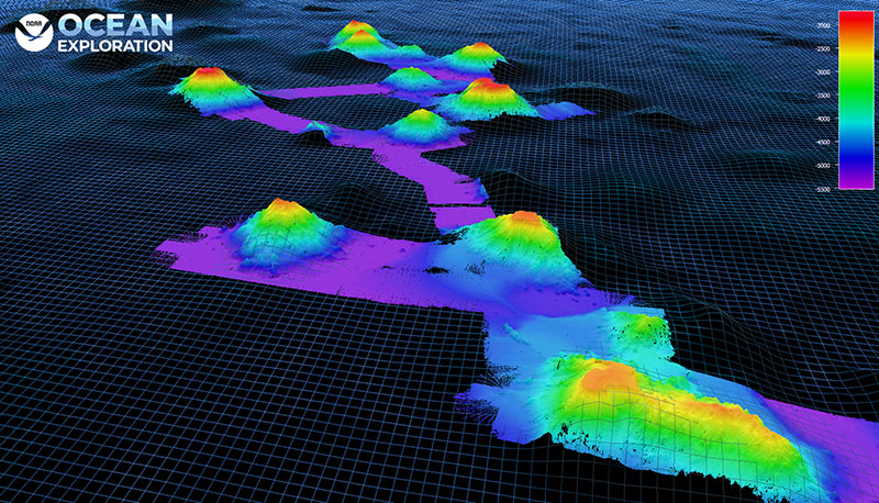 New bathymetry data of the New England Seamounts collected with the EM 304 MK II variant during the 2021 North Atlantic Stepping Stones: New England and Corner Rise Seamount Chain (EX-21-04) expedition, overlaid on the Global Multi-Resolution Topography Data Synthesis grid.