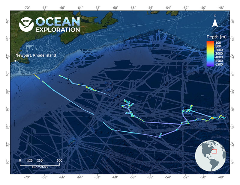 Overview of seafloor data collected during the 2021 North Atlantic Stepping Stones: New England and Corner Rise Seamounts expedition (rainbow gradient), overlaid on the previously collected bathymetry data (blue gradient).