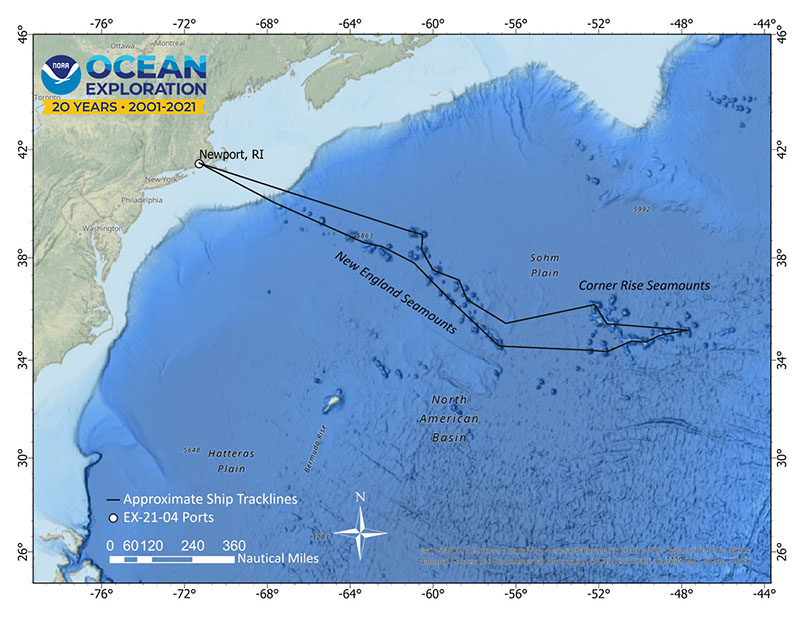 Map showing the two seamount chains we will visit during this cruise - the New England and Corner Rise.