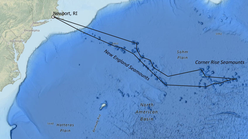 Map showing the two seamount chains we will visit during this cruise - the New England and Corner Rise.