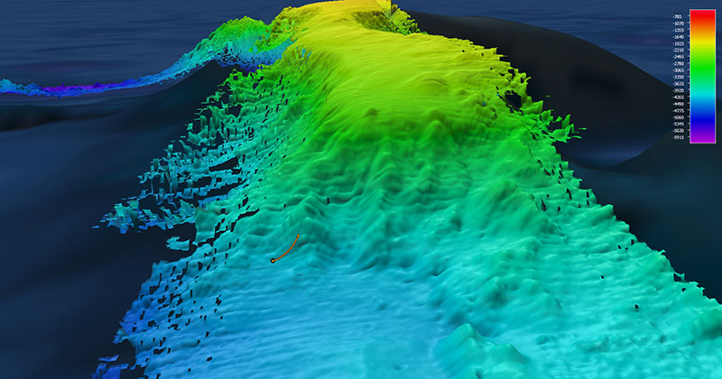 Multibeam bathymetry showing a perspective view of Rockaway Seamount (looking north), which was explored during Dive 05 of the 2021 North Atlantic Stepping Stones expedition.
