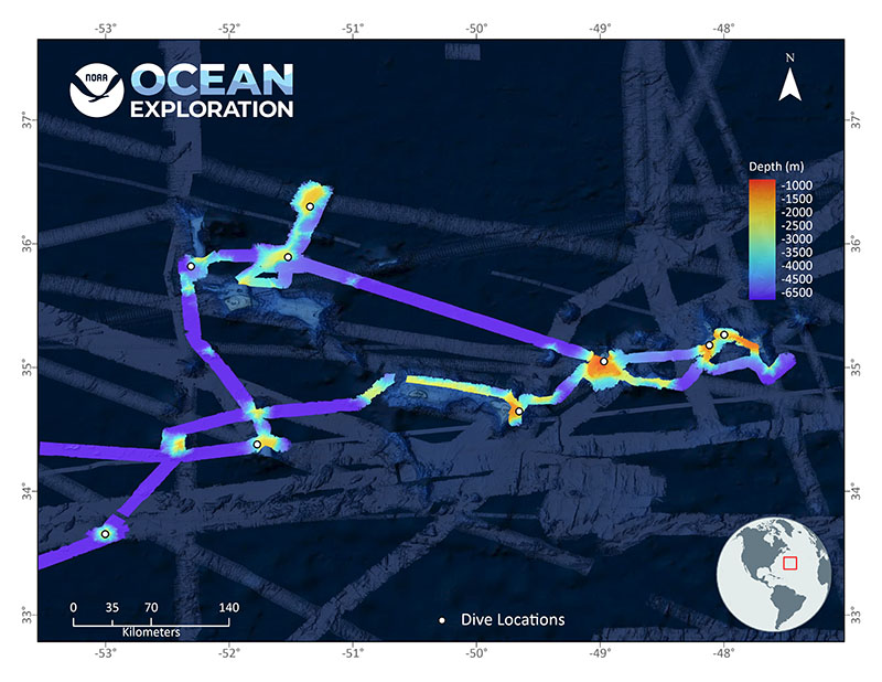 Map showing the bathymetric data collected around the Corner Rise Seamounts during the 2021 North Atlantic Stepping Stones expedition. Much of this area had not been mapped at all prior to the expedition, and in addition to providing critical information needed to successfully plan expedition dives, this mapping data contributes to our overall understanding of the seafloor.