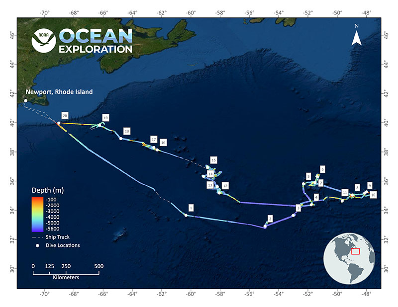 2021 North Atlantic Stepping Stones: New England and Corner Rise Seamounts (EX-21-04) expedition map with dive sites.