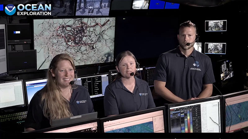 Facebook Live event onboard NOAA Ship Okeanos Explorer featuring expedition coordinator Kasey Cantwell, science lead Dr. Rhian Waller, and remotely operated vehicle pilot Chris Ritter. During the event, they provided an overview of the expedition and then took questions from Facebook users.