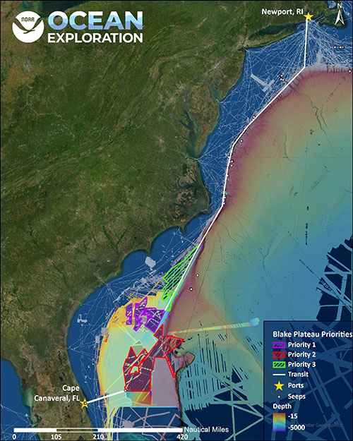 Map showing the general operating area for the 2021 U.S. Blake Plateau Mapping expeditions. Areas will be addressed in order of priority, depending upon environmental conditions.