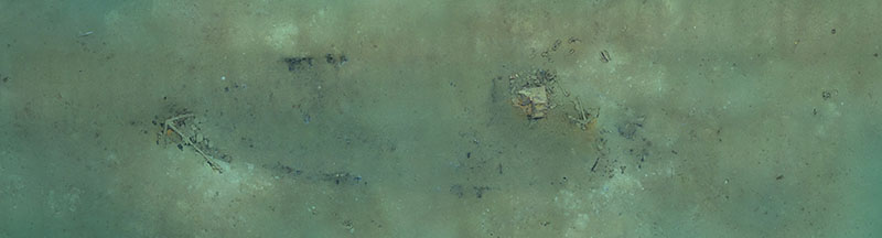 Extracted from a 3D model of the Industry shipwreck site explored during Dive 02 of the 2022 ROV and Mapping Shakedown, this photomosaic shows the ship’s remains and its outline in the sediment