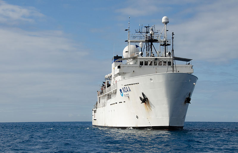 Operations during the EXPRESS: West Coast Mapping 2022 expedition will take place on NOAA Ship Okeanos Explorer, shown here at sea during the 2022 Caribbean Mapping expedition.