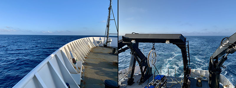 Shots off the front bow and back deck of NOAA Ship Okeanos Explorer, taken during the 2022 ROV and Mapping Shakedown expedition. Okeanos Explorer will be the platform from which operations will take place during the 2022 Caribbean Mapping expedition.