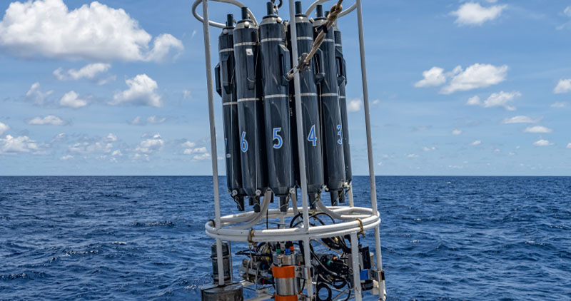 During the 2022 North Puerto Rico Mapping and Deep-Sea Camera Demonstration expedition, deep-sea cameras will be deployed on a conductivity, temperature, and depth (CTD) rosette like this one. The CTD rosette will also be used to collect water samples for environmental eDNA analysis.
