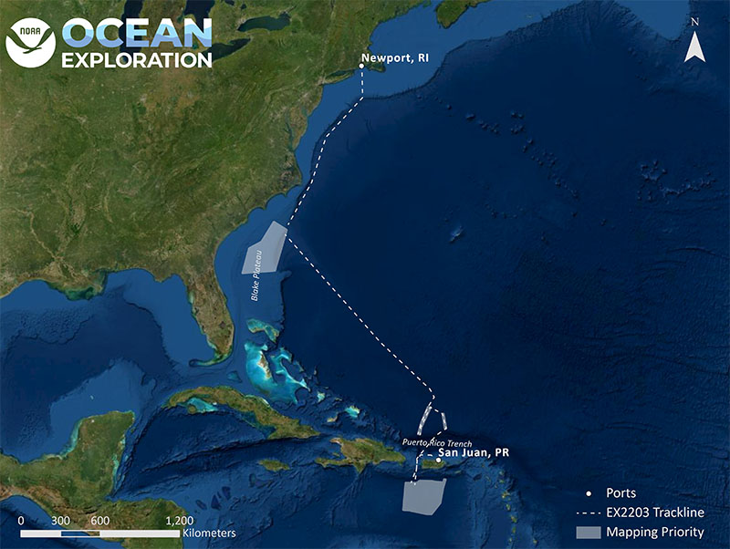 This map shows the general planned operating area for the 2022 North Puerto Rico Mapping and Deep-Sea Camera Demonstration expedition (EX2203). The expedition will depart San Juan, Puerto Rico, on April 4 and return to port in Newport, Rhode Island, on April 28.