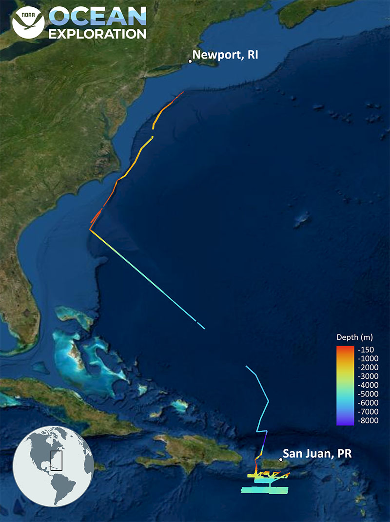The mapping data collected (lines colored by depth in meters) and the general operating area for the 2022 Puerto Rico Mapping and Deep-Sea Camera Demonstration expedition.
