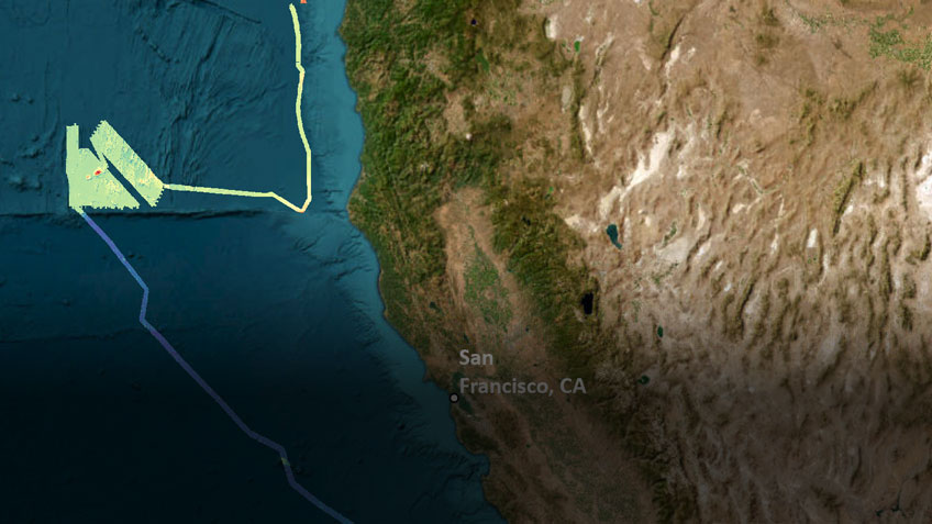 Summary map of new bathymetry collected during EX2208. After transiting from San Diego, a targeted survey was conducted off the northern coast of California.