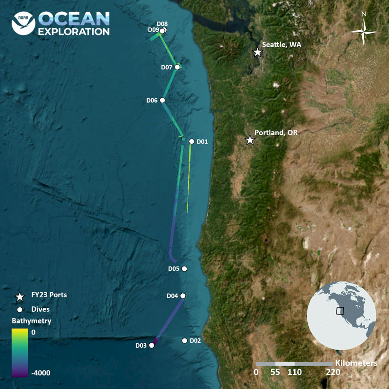 Map showing the location of dives conducted during the 2023 Shakedown + EXPRESS West Coast Exploration expedition as well as preliminary bathymetry data collected during mapping operations.
