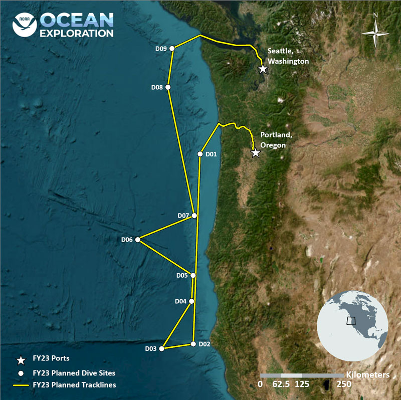 This map shows the general operating area along the coasts of Oregon and Washington for the 2023 Shakedown + EXPRESS West Coast Exploration expedition, with the approximate track of NOAA Ship Okeanos Explorer shown as a yellow line and proposed dive sites as white circles.
