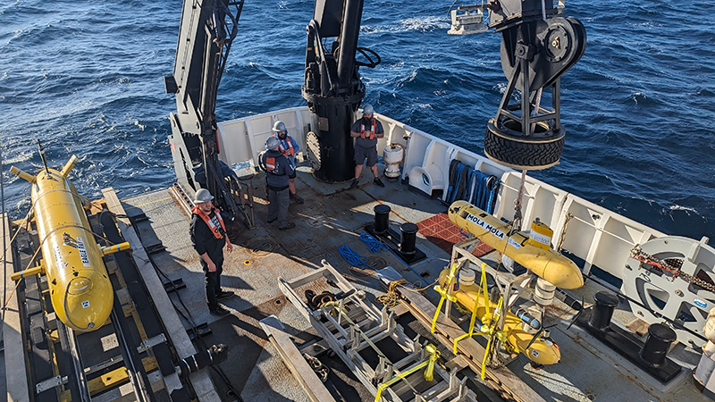 The University of Southern Mississippi’s autonomous underwater vehicles Eagle Ray (left) and Mola Mola (right) during the 2023 EXPRESS: Exploration of Central California Coast expedition on NOAA Ship Okeanos Explorer.