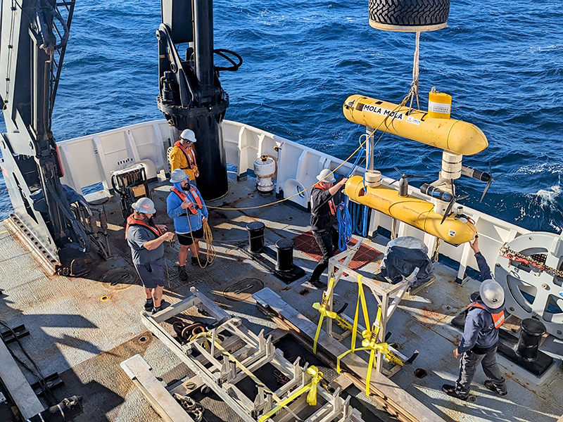 Deployment of the University of Southern Mississippi’s autonomous underwater vehicle Mola Mola during the 2023 EXPRESS: Exploration of Central California Coast expedition on NOAA Ship Okeanos Explorer. 