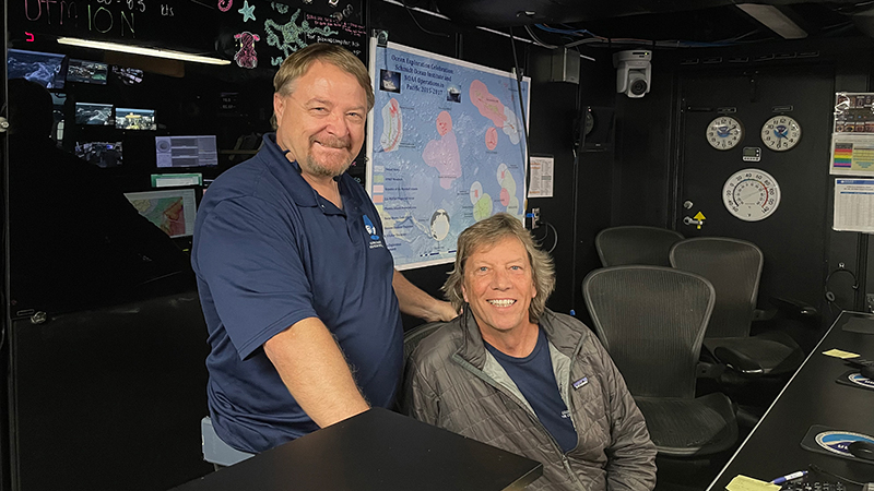 Roland Brian and Art Howard from the Global Foundation for Ocean Exploration in the control room of NOAA Ship Okeanos Explorer.