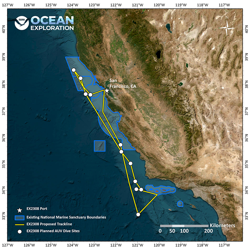 This map shows the planned operating area for the 2023 EXPRESS: Exploration of Central California Coast (AUV and Mapping) expedition as well as the boundaries of the existing national marine sanctuaries.