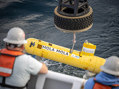 Autonomous underwater vehicle <i>Mola Mola</i> deployed for testing.