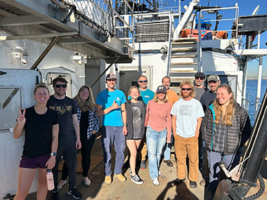 Some members of the 2023 EXPRESS: West Coast Exploration (AUV and Mapping) expedition team on NOAA Ship Okeanos Explorer.