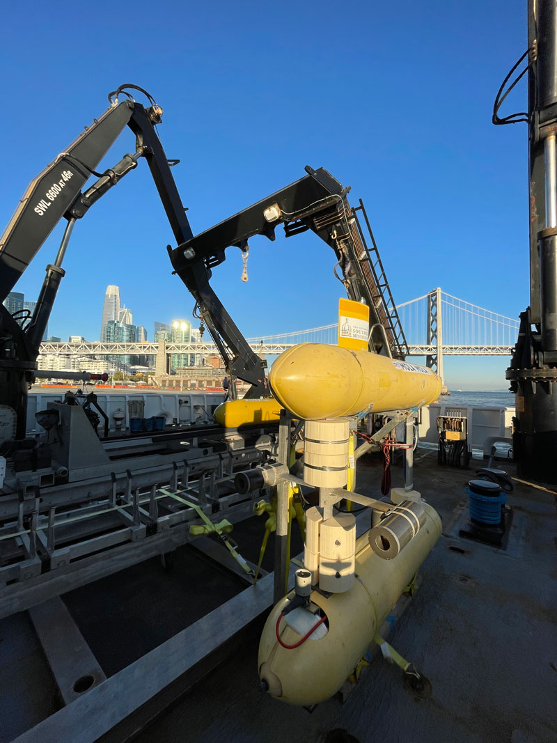 University of Southern Mississippi’s autonomous underwater vehicle Mola Mola on the deck of NOAA Ship Okeanos Explorer during the 2023 EXPRESS: West Coast Exploration (AUV and Mapping) expedition.