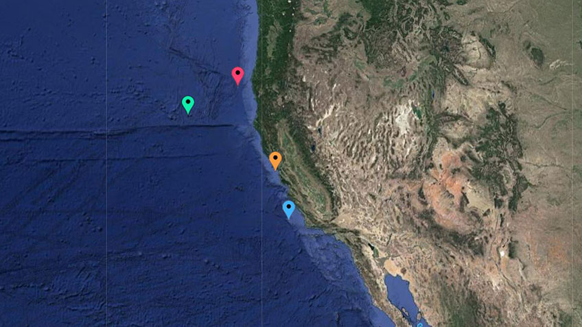 Map area showing the deepwater areas of California, Oregon and Washington pinpointing the expedition locations for EXPRESS: West Coast Exploration