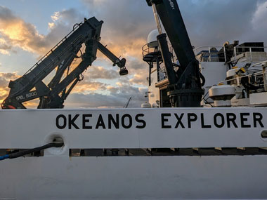 NOAA Ship Okeanos Explorer safely docked at the NOAA Daniel K. Inouye Regional Center on Oahu’s Ford Island following the successful completion of the Beyond the Blue: Hawai‘i Mapping expedition.