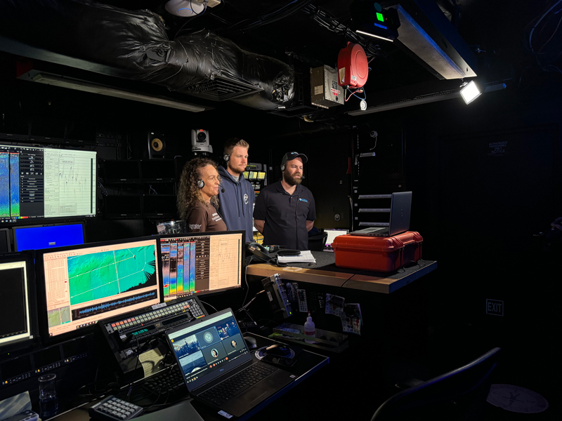 Image of Cultural liaisons Malia and Makoa and expedition coordinator Thomas during the Q and A portion of a live interaction hosted during the Beyond the Blue: Papahānaumokuākea Mapping 1 expedition. The kids at Mokupāpapa Discovery Center had so many questions!