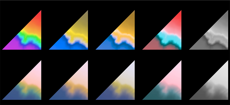 Image of the RGB gradient (top left triangle) and the uniform color gradient (bottom left triangle) compared to black and white (furthest right). In the black and white form, the RGB gradient is evidently non-uniform. Our eyes perceive more detail in red and yellow gradients compared to blue and green gradients. A non-uniform color map such as one with a rainbow gradient, distorts data and subtracts from the information being communicated through the map. Not only are these bright colored maps inaccurately displaying data, but they also cannot be read by those with color-vision deficiency.