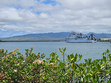 NOAA Ship <i>Okeanos Explorer</i> departs the NOAA Daniel K. Inouye Regional Center on Oahu’s Ford Island, marking the start of the Beyond the Blue: Papahānaumokuākea Mapping 1 expedition.