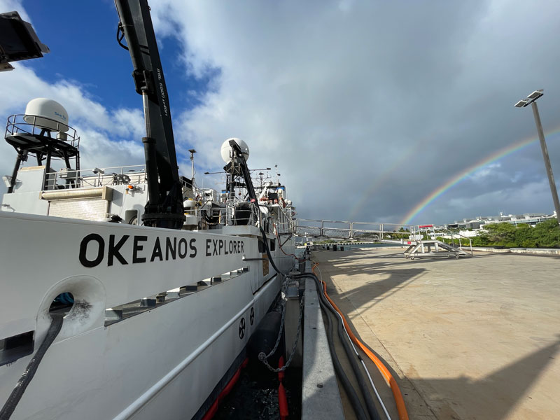 NOAA Ship Okeanos Explorer docked at the NOAA Daniel K. Inouye Regional Center in Honolulu, Hawai‘i, at the start of the Beyond the Blue: Papahānaumokuākea Mapping 1 expedition. The first Beyond the Blue: Johnston Atoll Mapping expedition will begin here and end in Hilo, Hawai‘i. The second expedition will begin in Hilo and return to Honolulu.