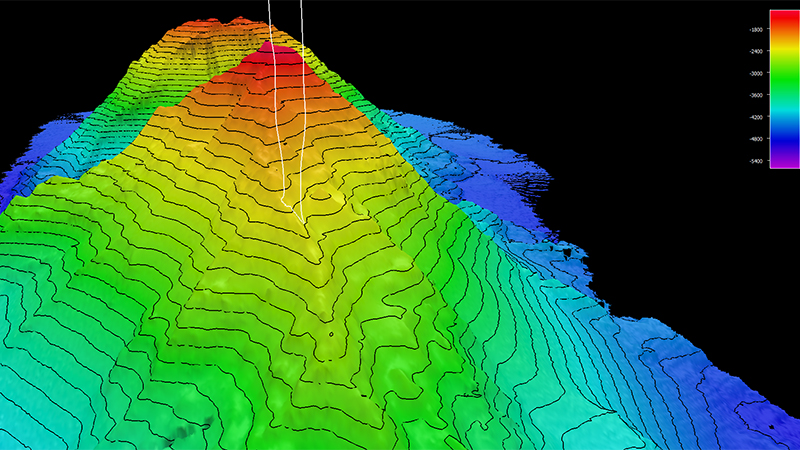 Topographical map with color gradients and contour lines depicting elevation changes from red and orange at the peak to blue at the lowest areas.