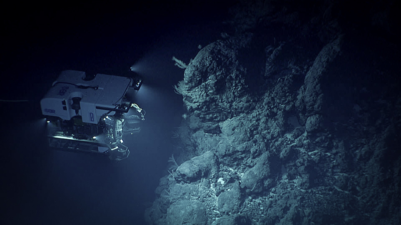 An underwater ROV explores a rocky ocean floor.