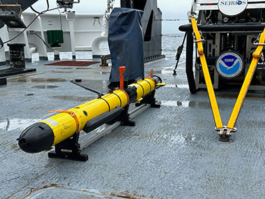 During the Seascape Alaska 1: Aleutians Deepwater Mapping expedition, this small, human-portable Iver3 autonomous underwater vehicle will be employed to attempt to locate a World War II-era B-25 bomber aircraft lost in 1944 with nine crew members aboard.